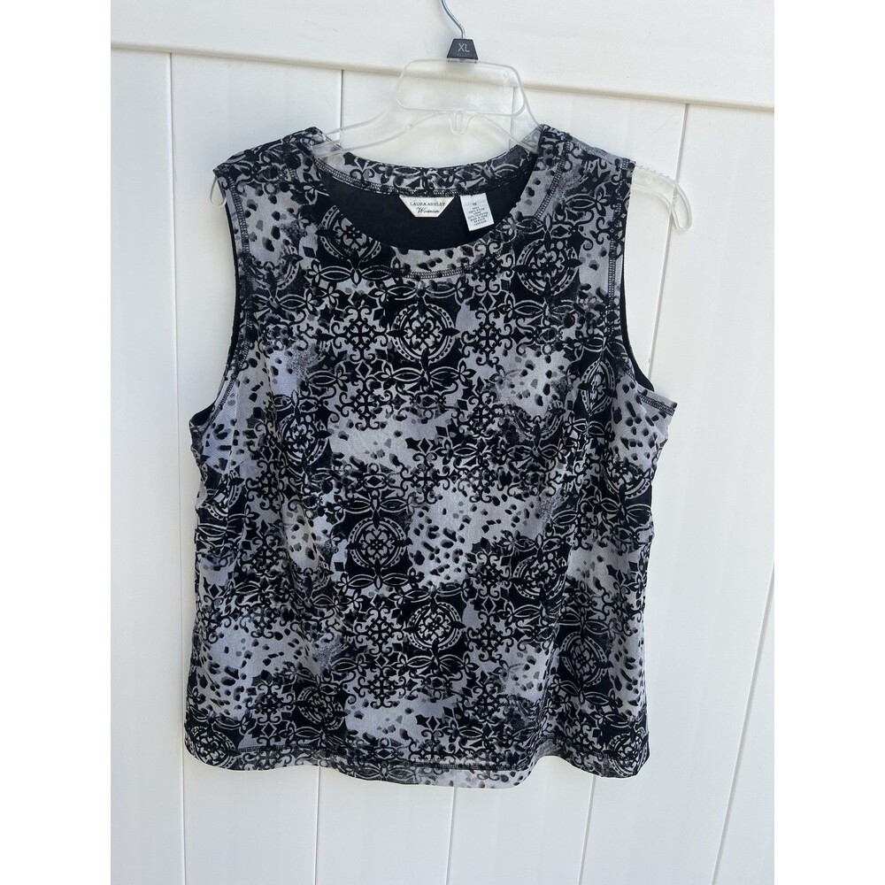 Laura Ashley Woman Top Tank Black Silver 1X Stretch Sleeveless Lined